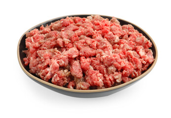 Fresh raw minced meat in bowl isolated on white