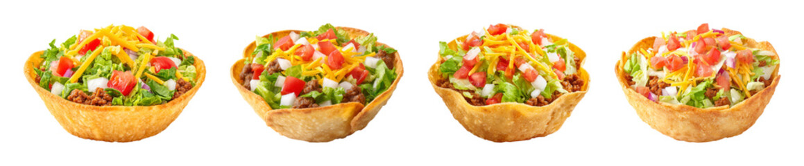 Fresh Taco Salad bowls bursting with vibrant colors and textures, perfect for fast casual dining and culinary inspiration PNG set with transparent background