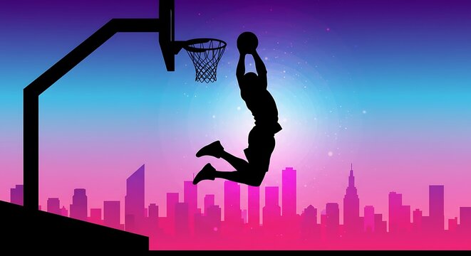 Basketball Player Doing a Slam Dunk with Cityscape Silhouette Background