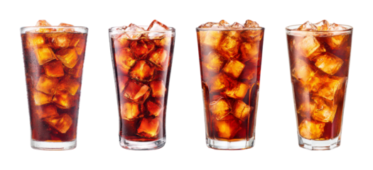 Refreshing iced cola drinks in clear glass tumblers, perfectly lit with condensation, ideal for beverage advertising and promotional PNG set with transparent background