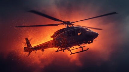 helicopter flying through sunset sky