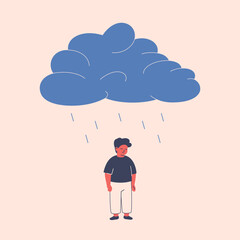 Depressed child under rainy clouds. Sad boy suffers from autism, anxious disorder, burnout, emotional pressure or bullying. mental health vector illustration