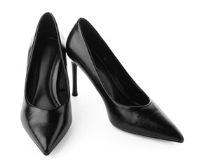 Pair of stylish high heeled shoes isolated on white