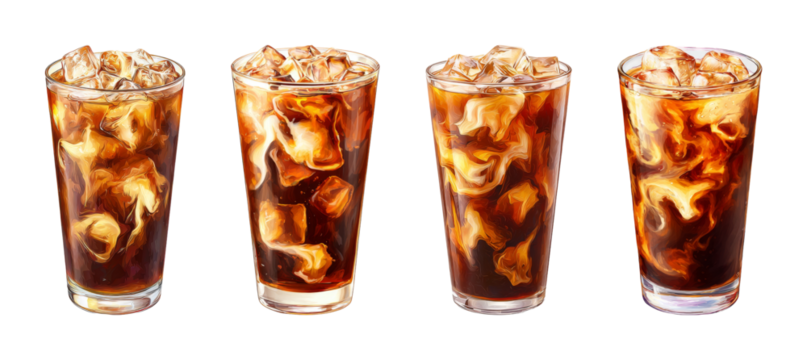 Refreshing Iced Coffee Swirls and Ice Cubes, Dark Brew with Creamy Contrast, Perfect for Beverage Ads, PNG set with transparent background