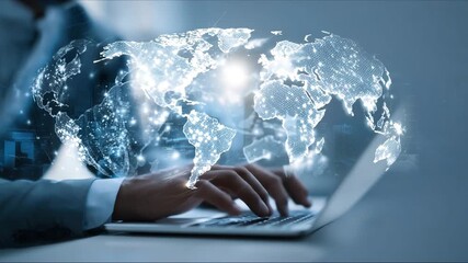Digital technology, internet global network communication technology concept. Business man using laptop computer with global internet network connection, smart city as background, data exchange - Powered by Adobe