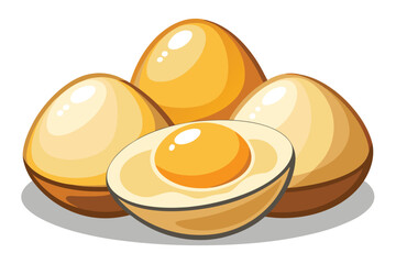 Shiny cooked eggs in a pile with one sliced egg showing the yolk clearly