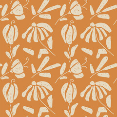 Seamless textured flower pattern. Botanical doodle backgrounds. Abstract flowers and leaves in folk style. Botanical naive illustrations kit. Repeated template for textile, wrapping, wallpaper, scrap.