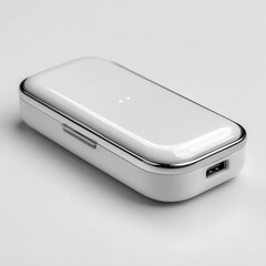 Modern White Wireless Earbuds Case with Chrome Trim on White Background