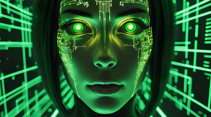 Cinematic Cybernetic Portrait: High-Tech AI Goddess in a Neon Data Matrix