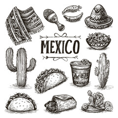 Culinary Illustration Featuring Traditional Mexican Food Including Tacos, Cactus, and Maracas © AI PIC