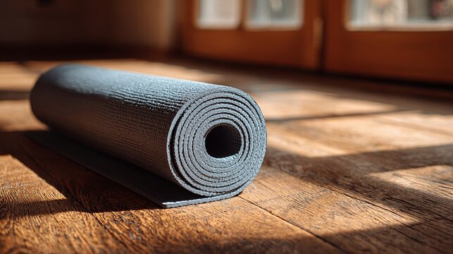 Rolled yoga mat on wooden floor with sunlight streaming in, perfect for wellness, meditation, and fitness practices