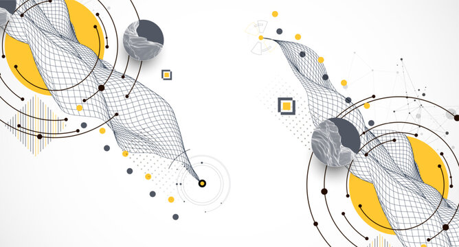 Abstract composition with wireframe wave, dots, and lines. Vector.