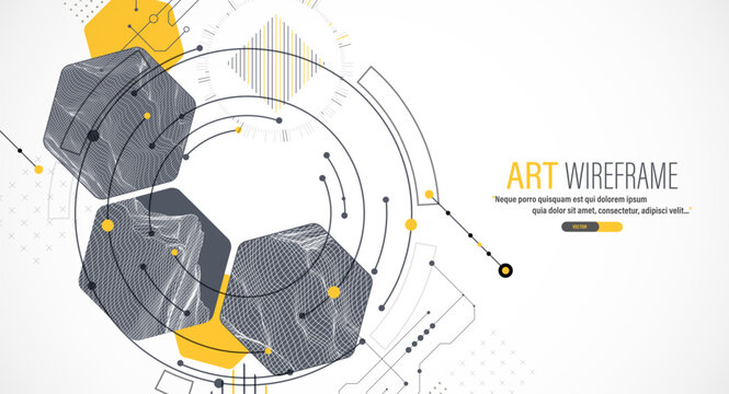 Minimal abstract composition with wireframe mountains, geometric hexagons, dots, and lines.