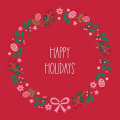 Christmas greeting card with berries, stars, leaves, snowflakes, bow, mistletoe on red background. Perfect for seasonal decorations. Hand drawn frame, wreath