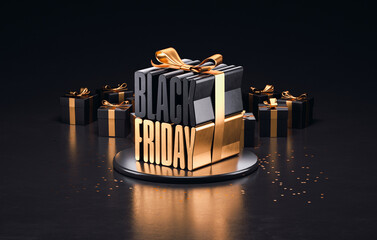 Luxurious Black Friday banner background template with black and gold gifts and the bold text forming a large gift box on a dark background in 3D illustration