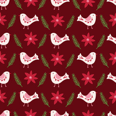 Christmas seamless pattern with flowers, birds and fir branches on dark red background. Perfect for wallpaper, gift paper, greeting cards. Vector hand drawn illustration © miumi
