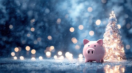 Pink piggy bank, small lit Christmas tree, on snowy surface with bokeh lights, copy space