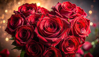Obraz premium Stunning bouquet of red roses, heart-shaped, with water droplets & bokeh background