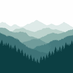 Fototapeta premium Abstract vector illustration of layers of green misty mountains and pine forest on a white background, nature's serene landscape design