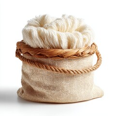 Obraz premium Beige Burlap Sack with White Cotton Towel Isolated on White Background
