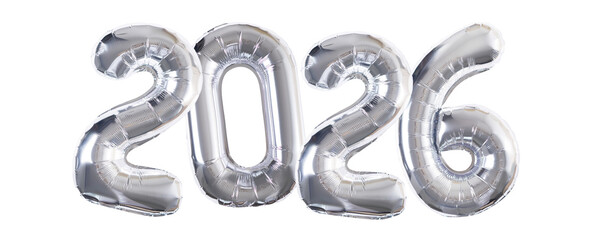 silver inflatable balloons shaped as the numbers 2026, reflective metallic surface catching light, elegant festive look, on transparent background © Екатерина Клищевник