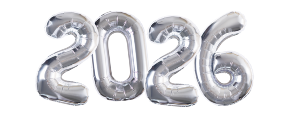 silver inflatable balloons shaped as the numbers 2026, reflective metallic surface catching light, elegant festive look, on transparent background