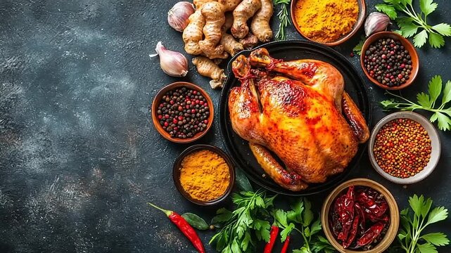 Whole roasted chicken prepared with aromatic spices and fresh herbs is ready to serve.