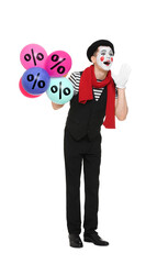 Mime holding bright balloons with percent signs on white background. Discount offer
