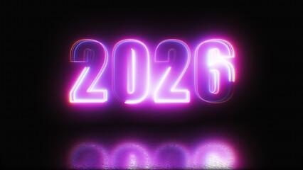 2026 glowing neon technology text. Computer generated 3d render