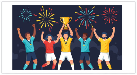 A diverse team of soccer players celebrating a championship victory, holding a golden trophy high amidst colorful fireworks