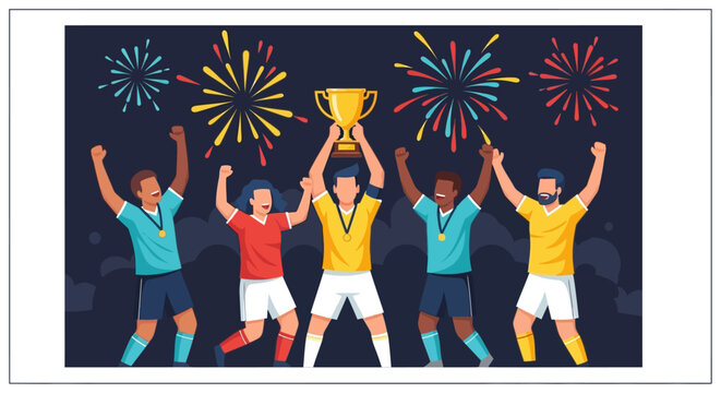 A diverse team of soccer players celebrating a championship victory, holding a golden trophy high amidst colorful fireworks - Powered by Adobe