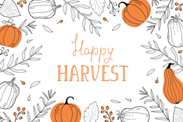 Hand-Drawn Happy Harvest Lettering with Leaves and Pumpkins. Vector illustration.
