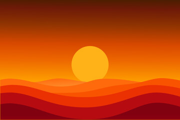 Vector illustration of a dramatic sunset or sunrise scene featuring a large glowing sun above layered hills or dunes, showcasing rich red, orange, and yellow tones with smooth gradient transitions