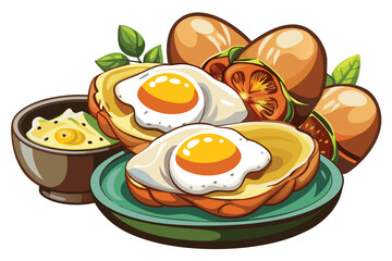 Two fried eggs sit atop golden toast with sliced tomato on a teal plate