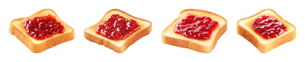 Delicious toasted bread slices generously spread with vibrant red strawberry jam, presented as a fresh PNG set with transparent background