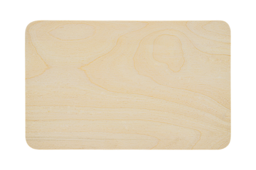 Top surface of wooden cutting board with characteristic lines of birch plywood longitudinal section isolated on transparent background. Blank for artwork kitchen, countertop theme, copy space for ads.