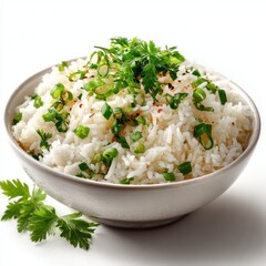 Steaming Bowl of White Rice Topped with Fresh Herbs and Green Onions