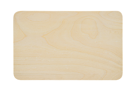 Top surface of wooden cutting board with characteristic lines of birch plywood longitudinal section isolated on transparent background. Blank for artwork kitchen, countertop theme, copy space for ads.