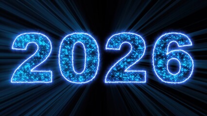 2026 glowing neon technology text. Computer generated 3d render