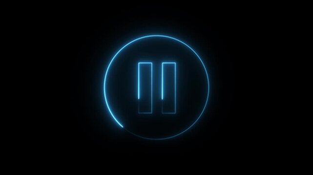 neon glowing video Pause button icon with blue circle animation. pause button in circle, video pause or play button sign with black background.