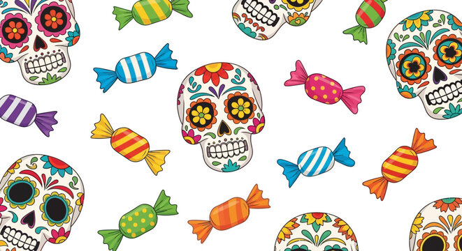 Seamless pattern of colorful sugar skulls and candy for a festive Day of the Dead celebration background illustration
