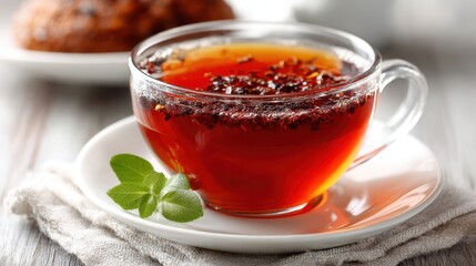 Close-up of Herbal Tea in Glass Cup with Sage Leaves and Pastry