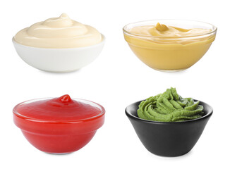 Ketchup, mayonnaise, wasabi and mustard in bowls isolated on white, set