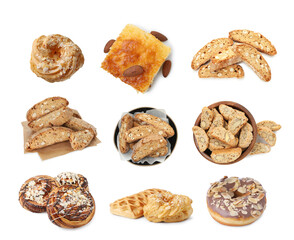Different pastry with almond isolated on white, set