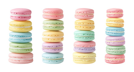 Fototapeta premium Assortment of delicious pastel macarons stacked neatly, offering a delightful and sweet visual treat, perfect for culinary or confectionery marketing PNG set with transparent background