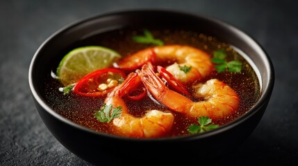 Delicious Shrimp Soup with Lime and Chili in a Black Bowl