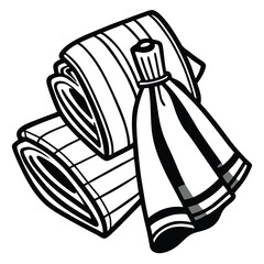 Black and white sketch of two rolled towels with a hanging washcloth is visible