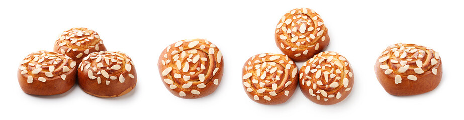 Delicious rolls with almond flakes isolated on white, set