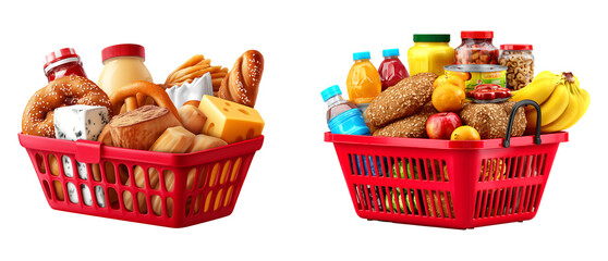 Assorted Groceries and Snacks in a Red Shopping Basket isolated on a transparent background