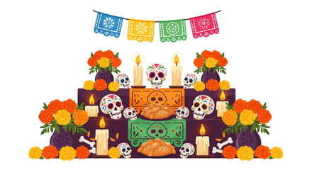A festive vector illustration of a traditional Mexican Day of the Dead shrine with sugar skulls, marigolds, and candles
